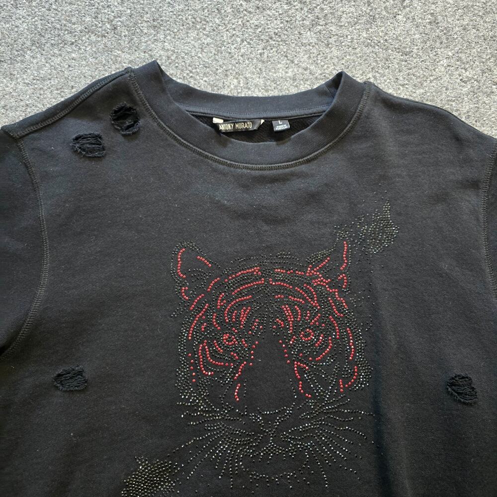 Antony Morato Sweatshirt Womens Size Large Black Tiger Rhinestone Distressed Y2K - Picture 2 of 11